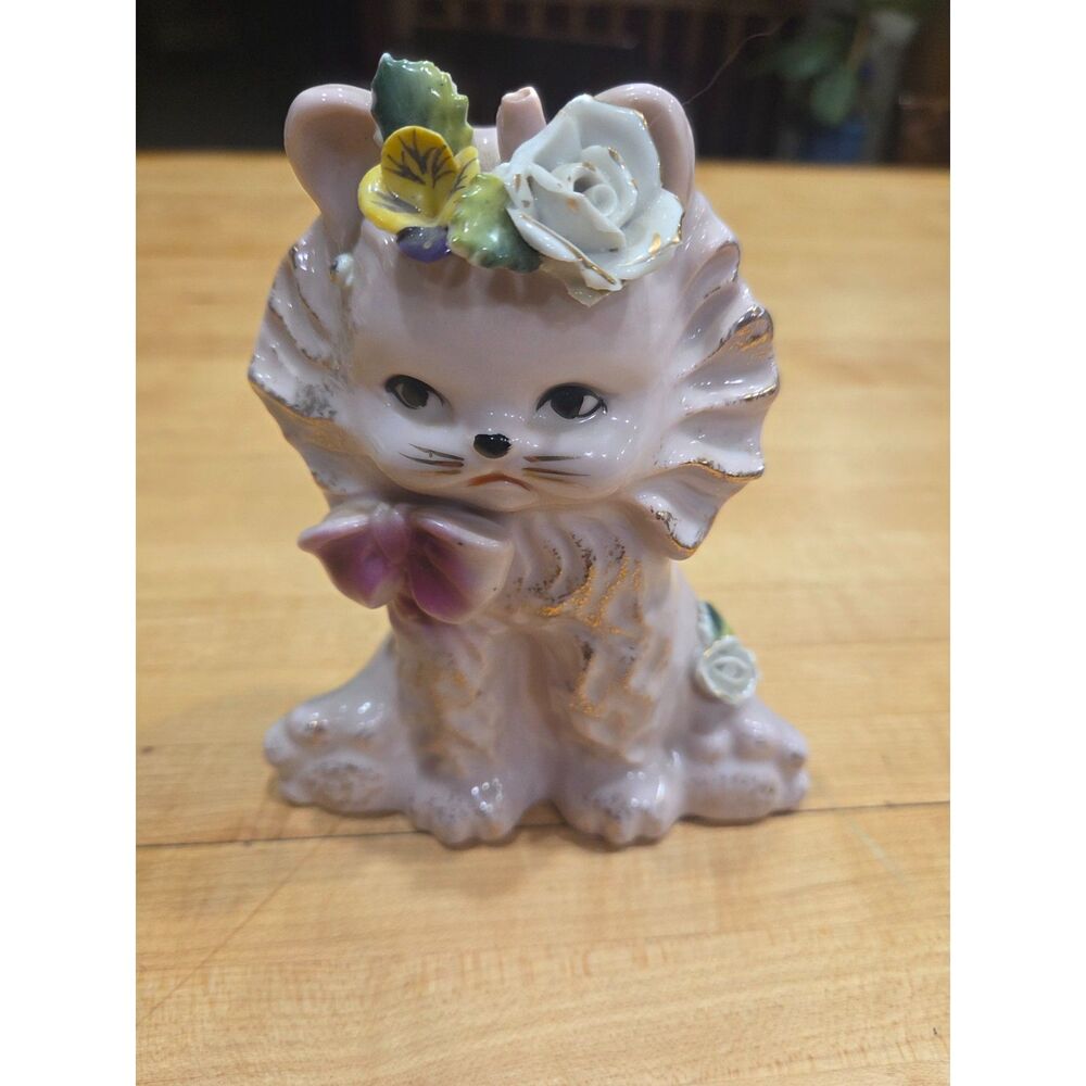 Vintage Napco Japan Porcelain Cat Figurine Floral Bow Gold 6"